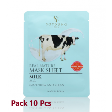 Real Nature Mask Sheet Milk Soothing & Clean 25g, Set 10 Pcs, So Young/Real Nature Тканевая маска с молочком, успокаивающая и очищающая, 25 г, набор из 10 шт., So Young